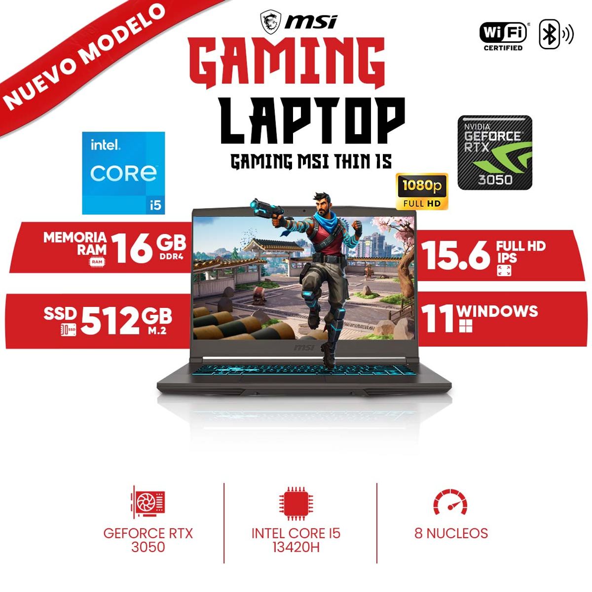 MSI - Laptop Gaming MSI Thin 15 B13UC, Core i5-13420H, 16GB DDR4, 512 GB SSD M.2, 15.6 FULL HD IPS