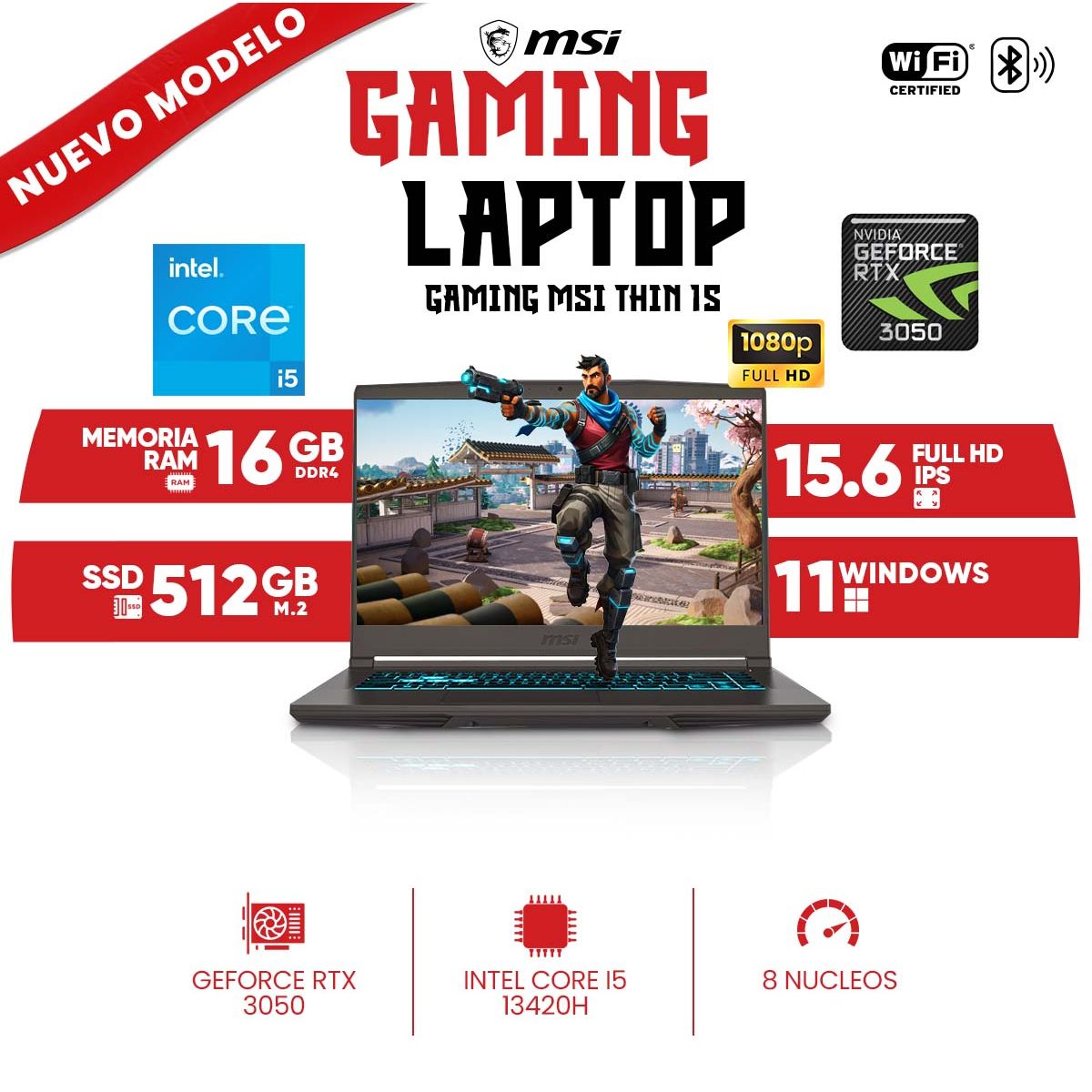 MSI - Laptop Gaming MSI Thin 15 B13UC, Core i5-13420H, 16GB DDR4, 512 GB SSD M.2, 15.6 FULL HD IPS