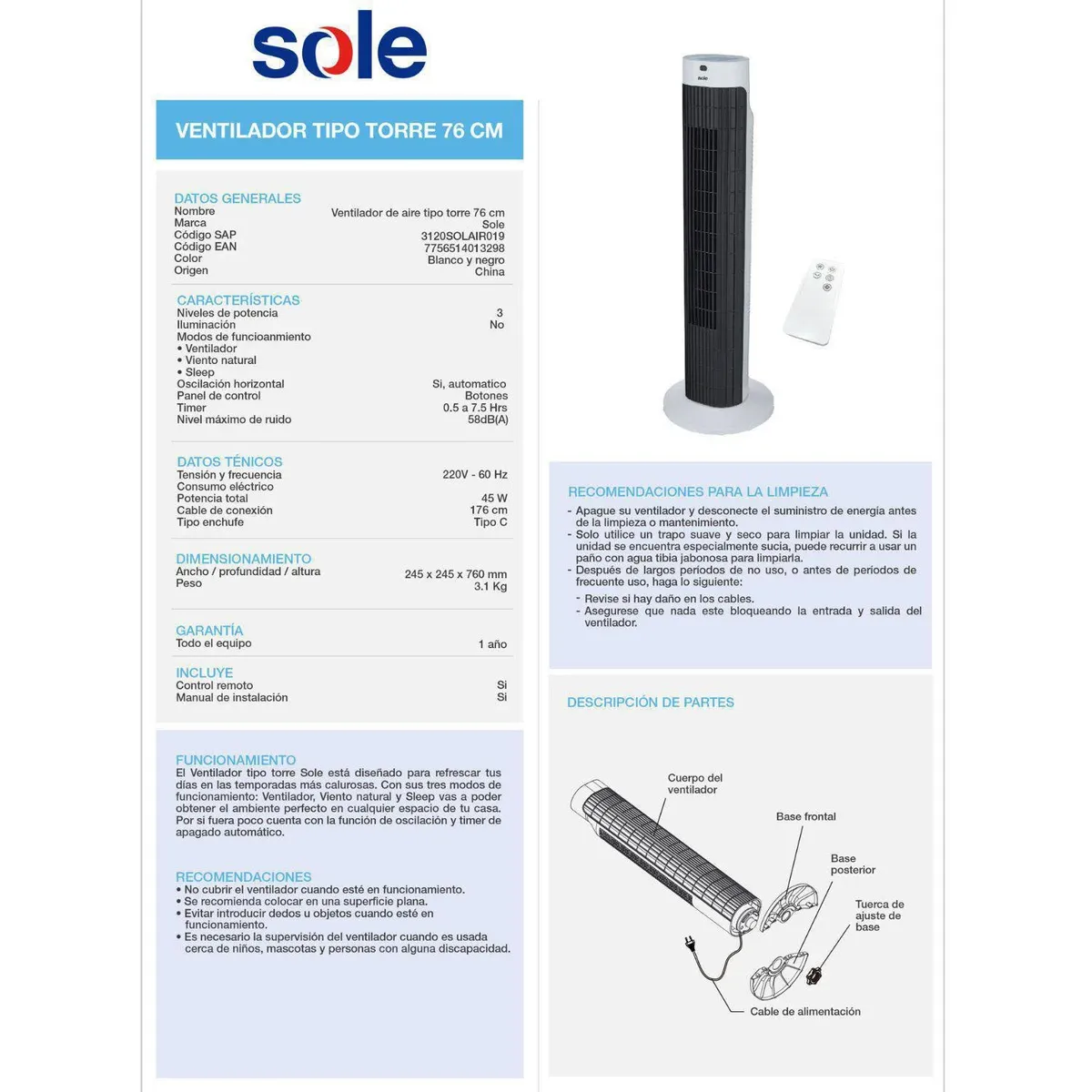 SOLE - Ventilador de Aire Sole Tipo Torre Sole SOLAIR019