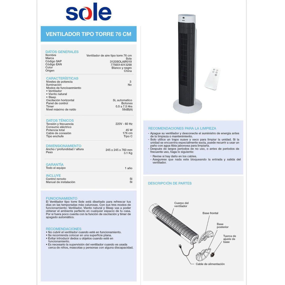 SOLE - Ventilador de Aire Sole Tipo Torre Sole SOLAIR019