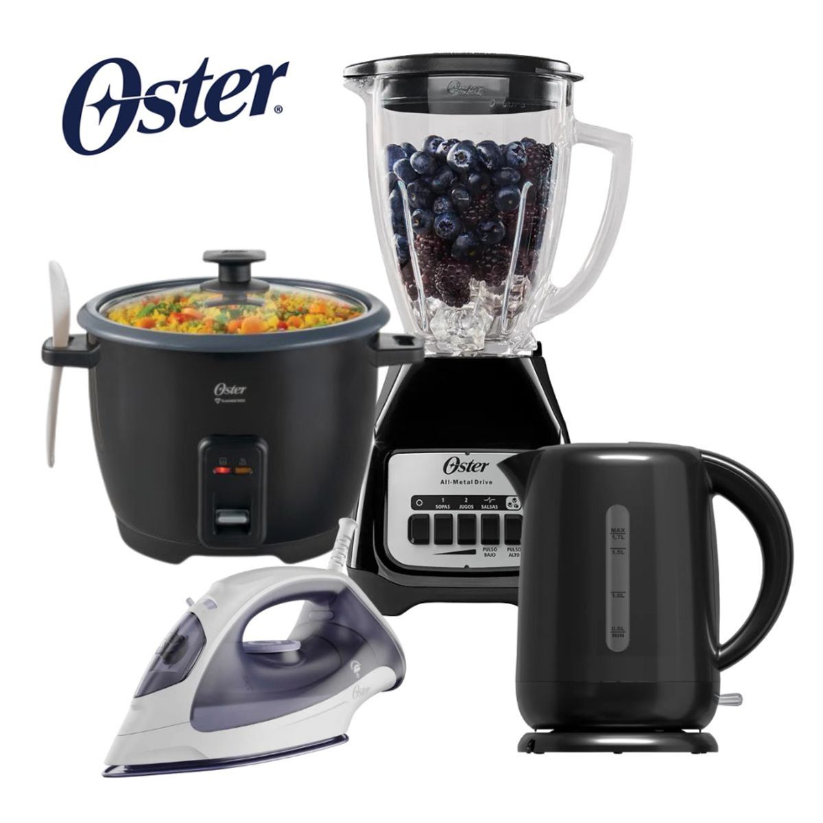 OSTER - Combo Oster Licuadora + Olla Arrocera 1.8 LT + Hervidor 1.7 LT + Plancha a Vapor