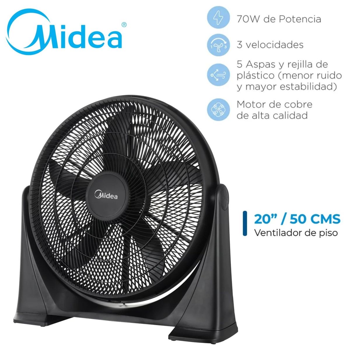 MIDEA - Potente Ventilador Piso 20 Pulg Midea 70 Watts Negro