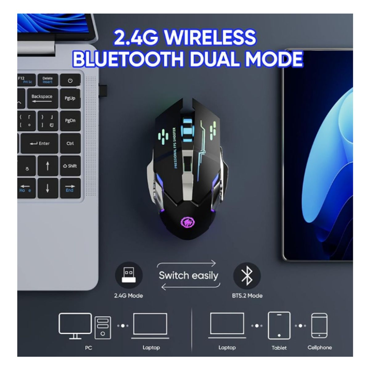 GENERICO - Mouse Gamer Inalámbrico Recargable Luz RGB Wireless USB