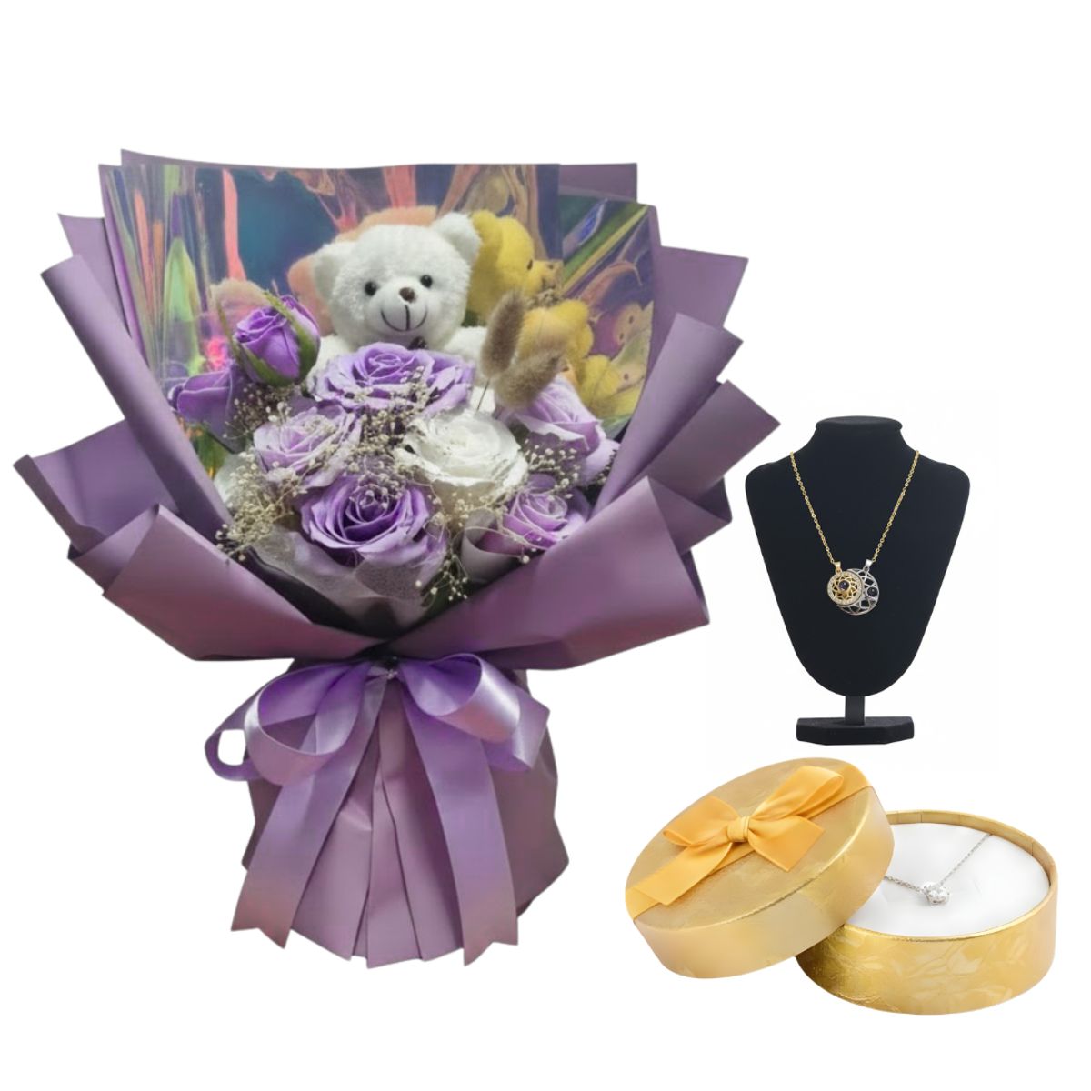 Flores para Parejas y Juego de Collares con Cofre Oro y Plata Aniversario Novios, marca GENERICO - Foto Principal