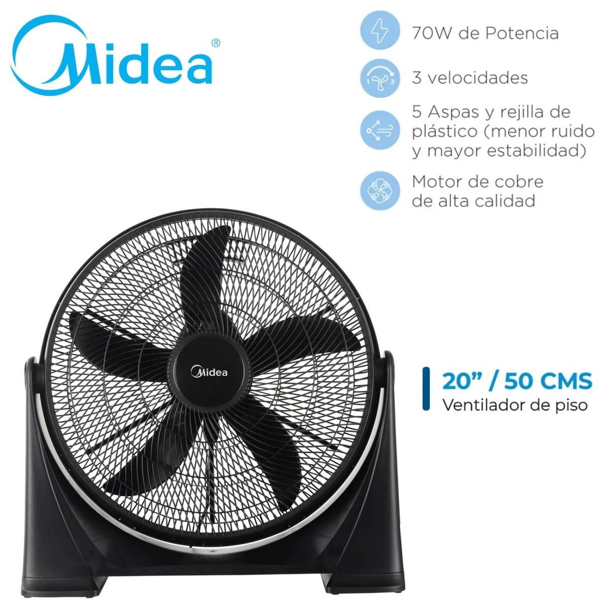 MIDEA - Ventilador Versátil de Piso 20 Pulg Midea 70 Watts Negro