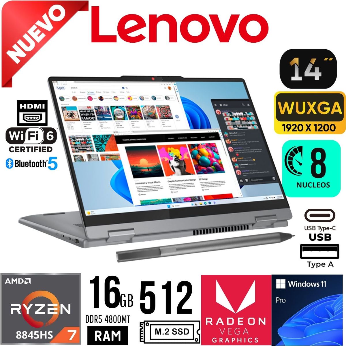 LENOVO - Laptop Lenovo IdeaPad 5 2 in 1 14AHP9 Ryzen 7 8845HS Ram 16Gb SSD 512Gb 14" WUXGA Touch Windows 11