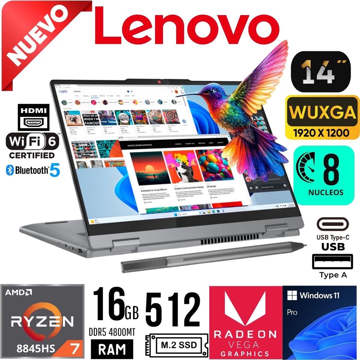 LENOVO - Laptop Lenovo IdeaPad 5 2 in 1 14AHP9 Ryzen 7 8845HS Ram 16Gb SSD 512Gb 14" WUXGA Touch Windos 11
