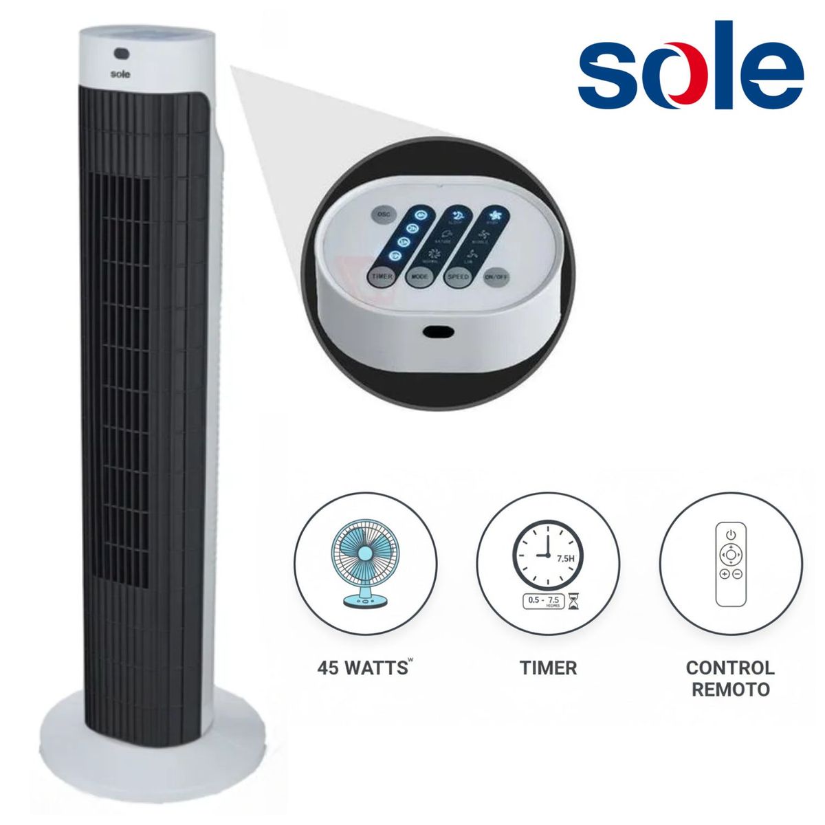 SOLE - Ventilador Torre Timer Sole SOLAIR019 76cm con Control Remoto