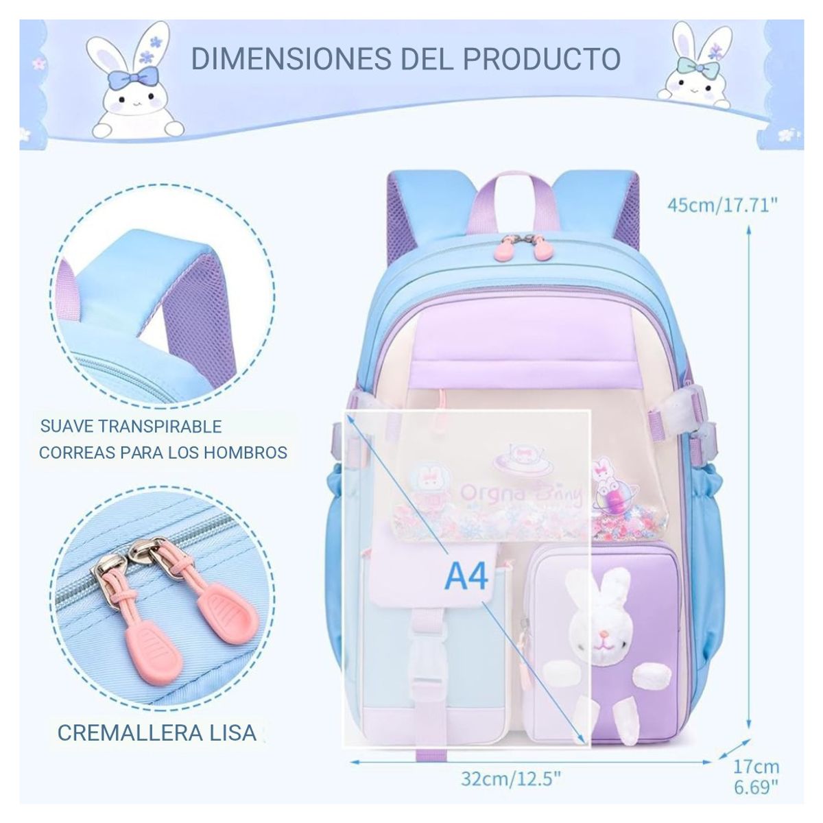 GENERICO - Mochila Kawaii Conejo Original Tamaño Oficio Impermeable Gran Capacidad Niñas 4 a 16 años
