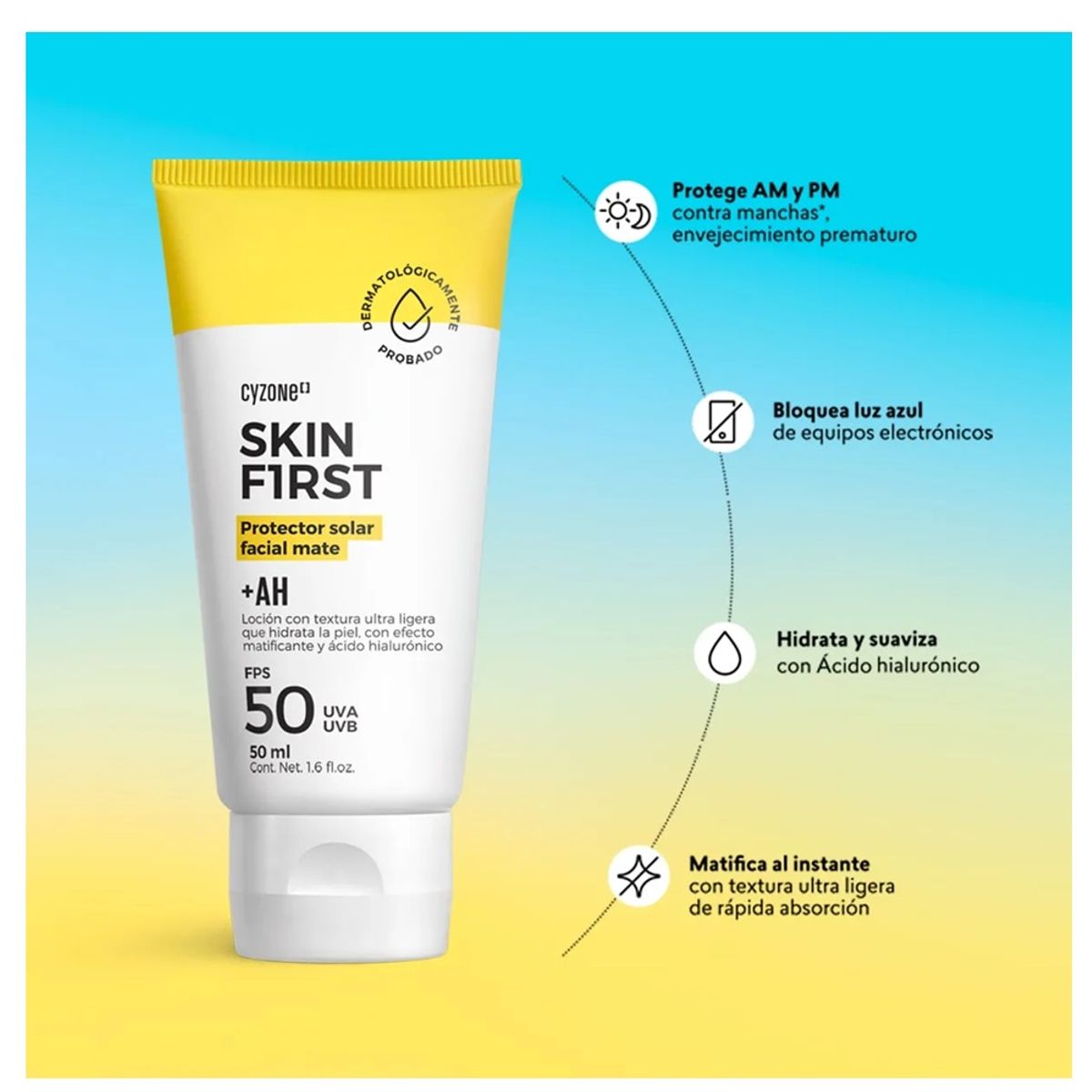 CYZONE - Protector Solar Facial MATE y Ácido Hialurónico 50 FPS - Skin First  50 ml CYZONE