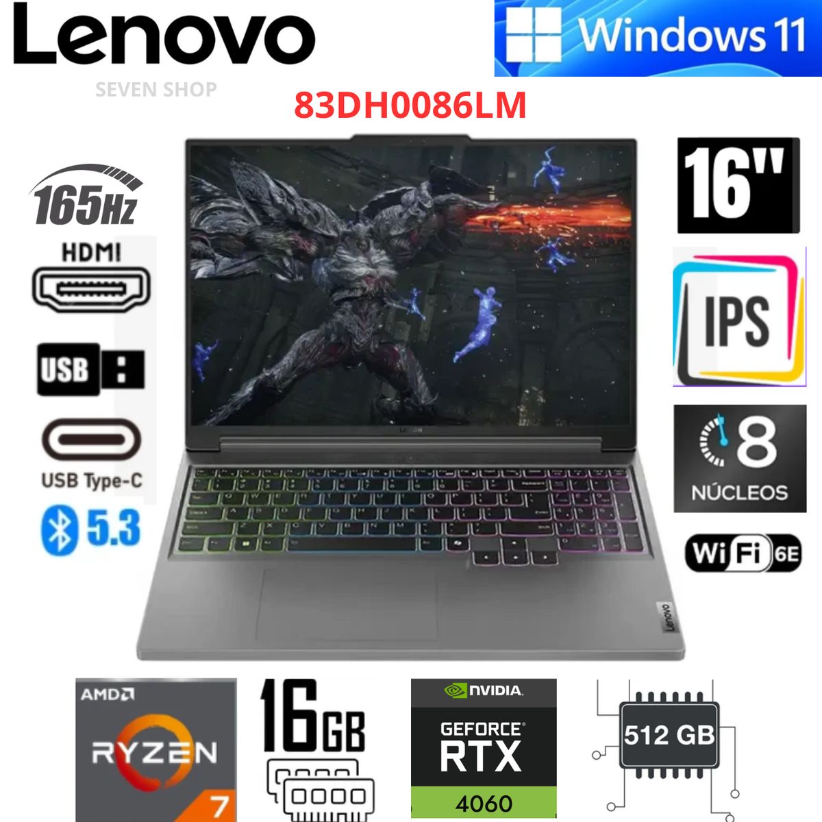 LENOVO - laptop Lenovo Legion 5 16APH8 16"165Hz, AMD Ryzen 7 , 16GB RAM, 512GB SSD, NVIDIA GeForce RTX 4060
