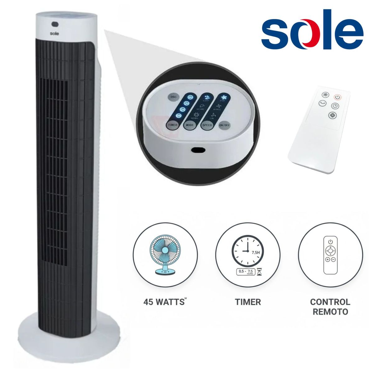 SOLE - Ventilador Torre Sole SOLAIR019 76cm con Control Remoto Timer y Modos