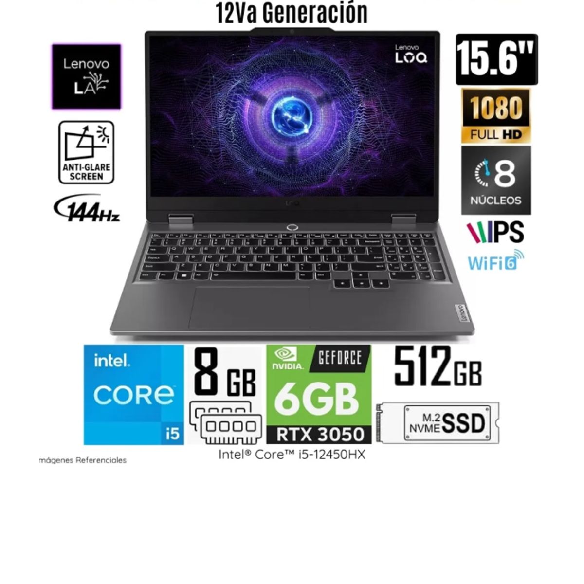 LENOVO - LAPTOP LENOVO LOQ 15IAX9 INTEL CORE I5 12450HX 83GS006WLM RAM 8GB SSD 512GB RTX 3050 6GB 15.6" FHD