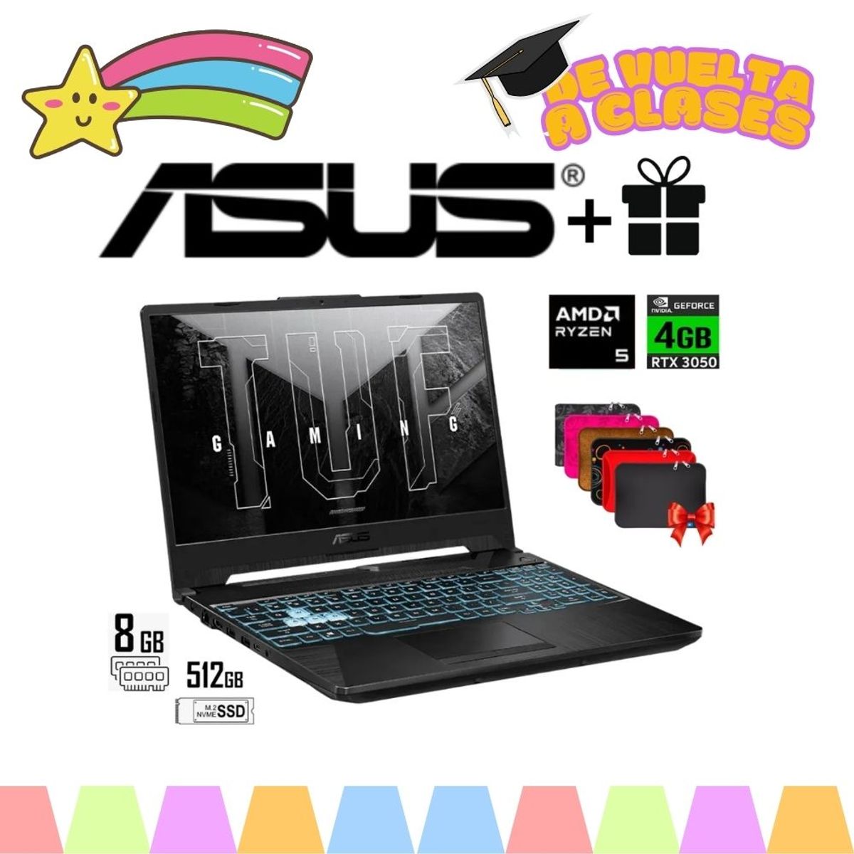 ASUS - LAPTOP ASUS TUF GAMING 15.6 FHD RYZEN 5 7535HS RAM 8GB SSD 512GB RTX 3050 4GB 144HZ+ REGALO