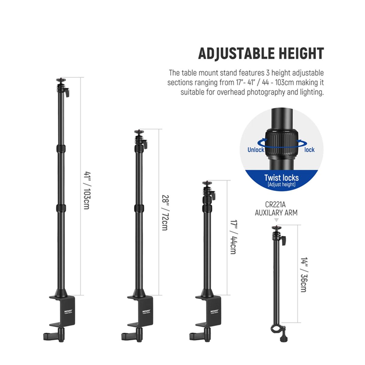 NEEWER - Soporte de mesa con brazo flexible Neewer TL253A+CR221A para cámaras y luces