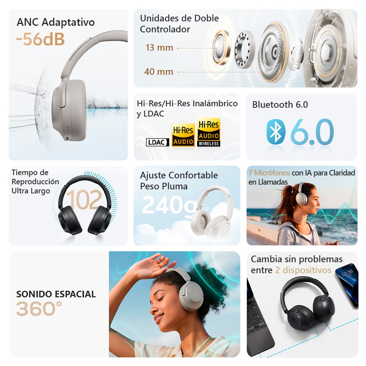 QCY - Audífonos Inalámbricos QCY H3S Bluetooth 60 -56dB Cancelación de Ruido 102h