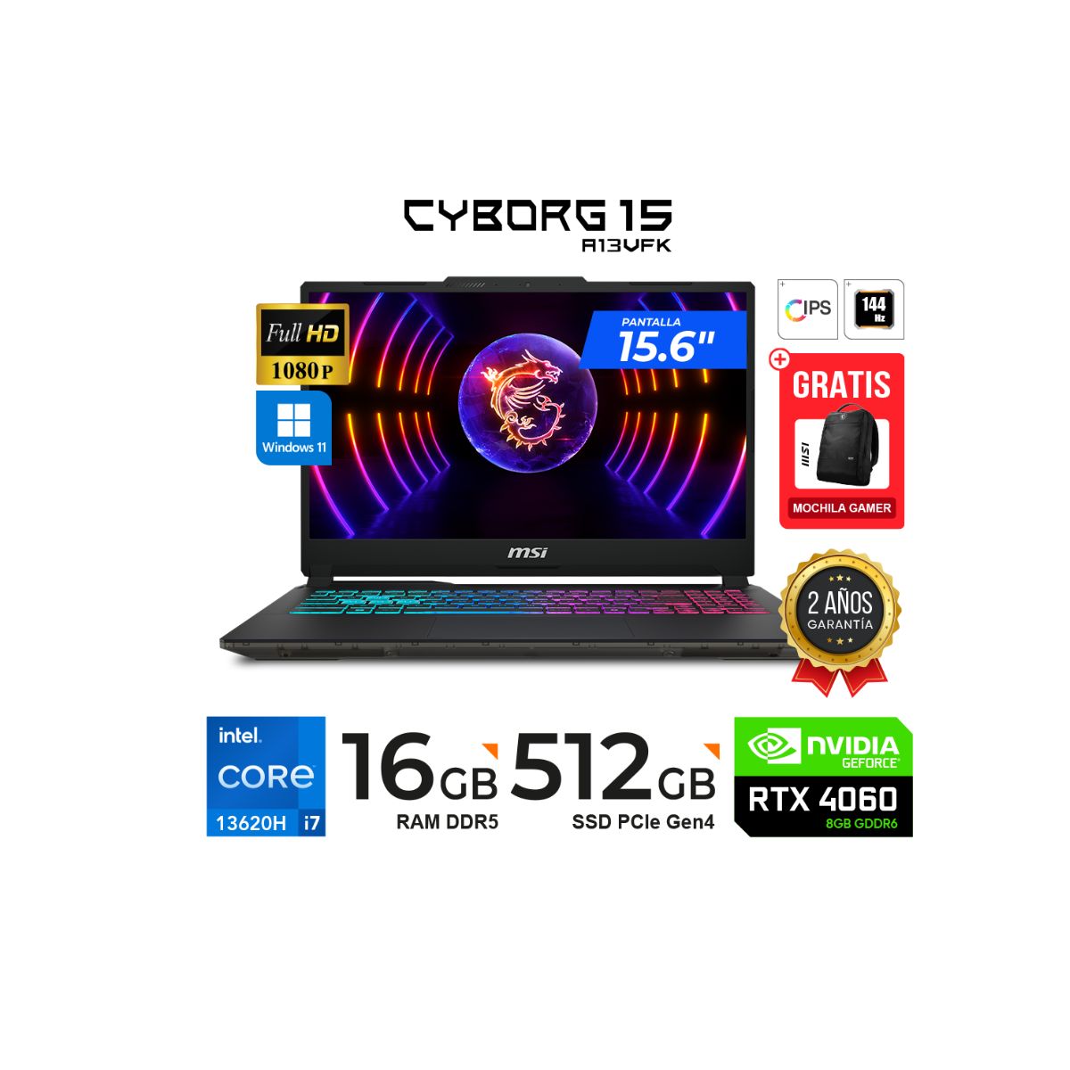 MSI - Laptop MSI Gaming Cyborg 15 A13VFK 15.6 Intel i7-13620H 16GB 512GB 8GB W11Home + MOCHILA MSI GAMER