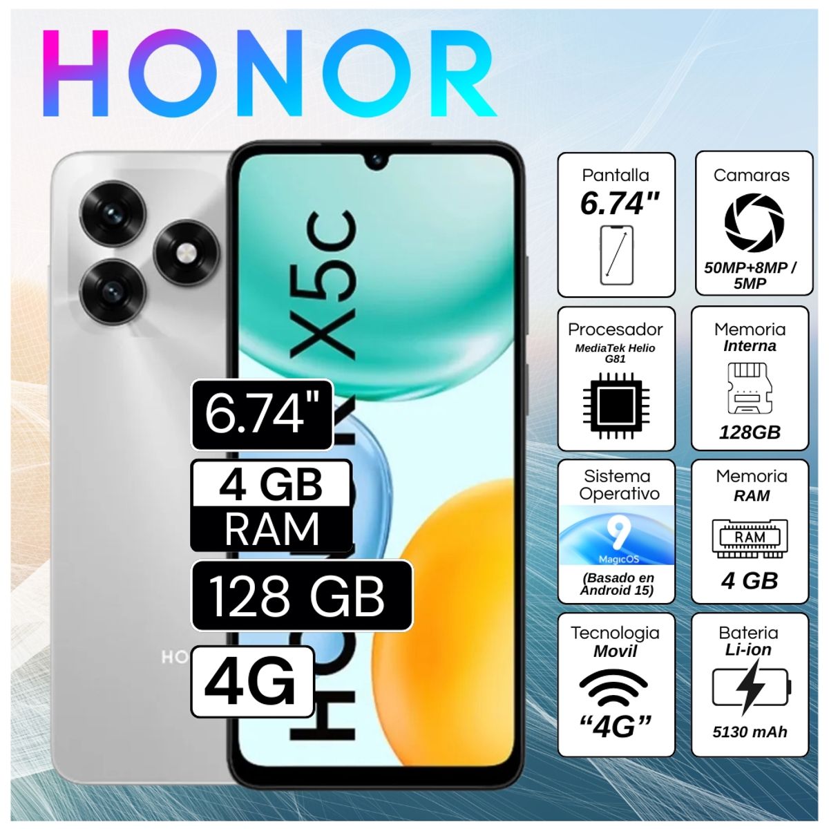 HONOR - Celular Honor X5C 6.74"  Pulg.  4GB RAM 128GB MagicOS 9.0 - Plata Meteoro