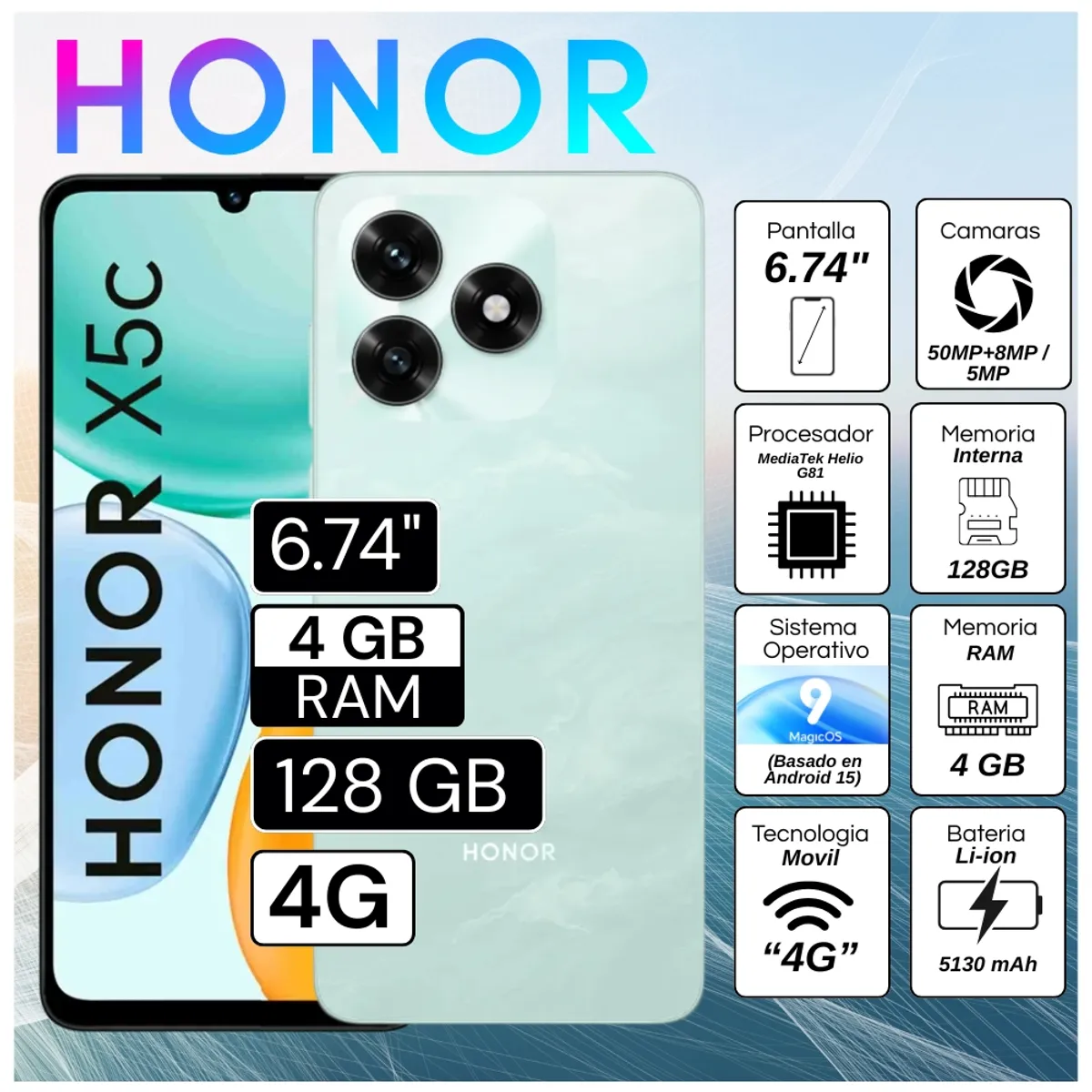 Celular Honor X5C 6.74"  Pulg.  4GB RAM 128GB MagicOS 9.0 - Azul Cian, marca HONOR - Foto Principal