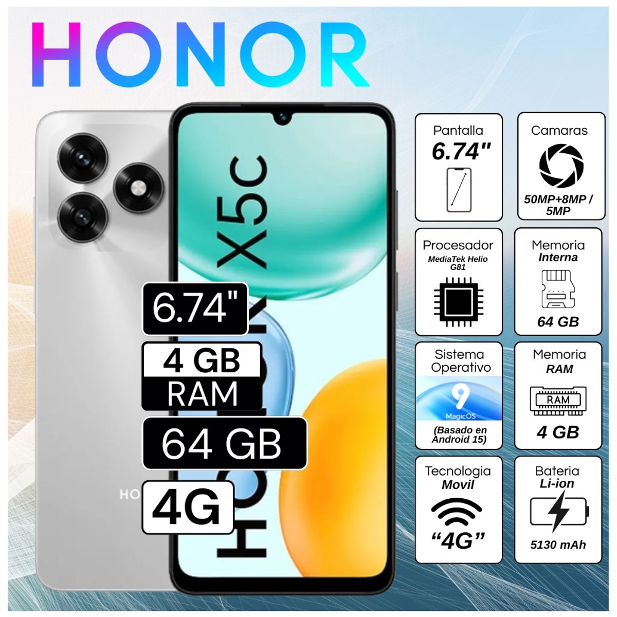 HONOR - Celular Honor X5C 6.74"  Pulg.  4GB RAM 64GB MagicOS 9.0 - Plata Meteoro