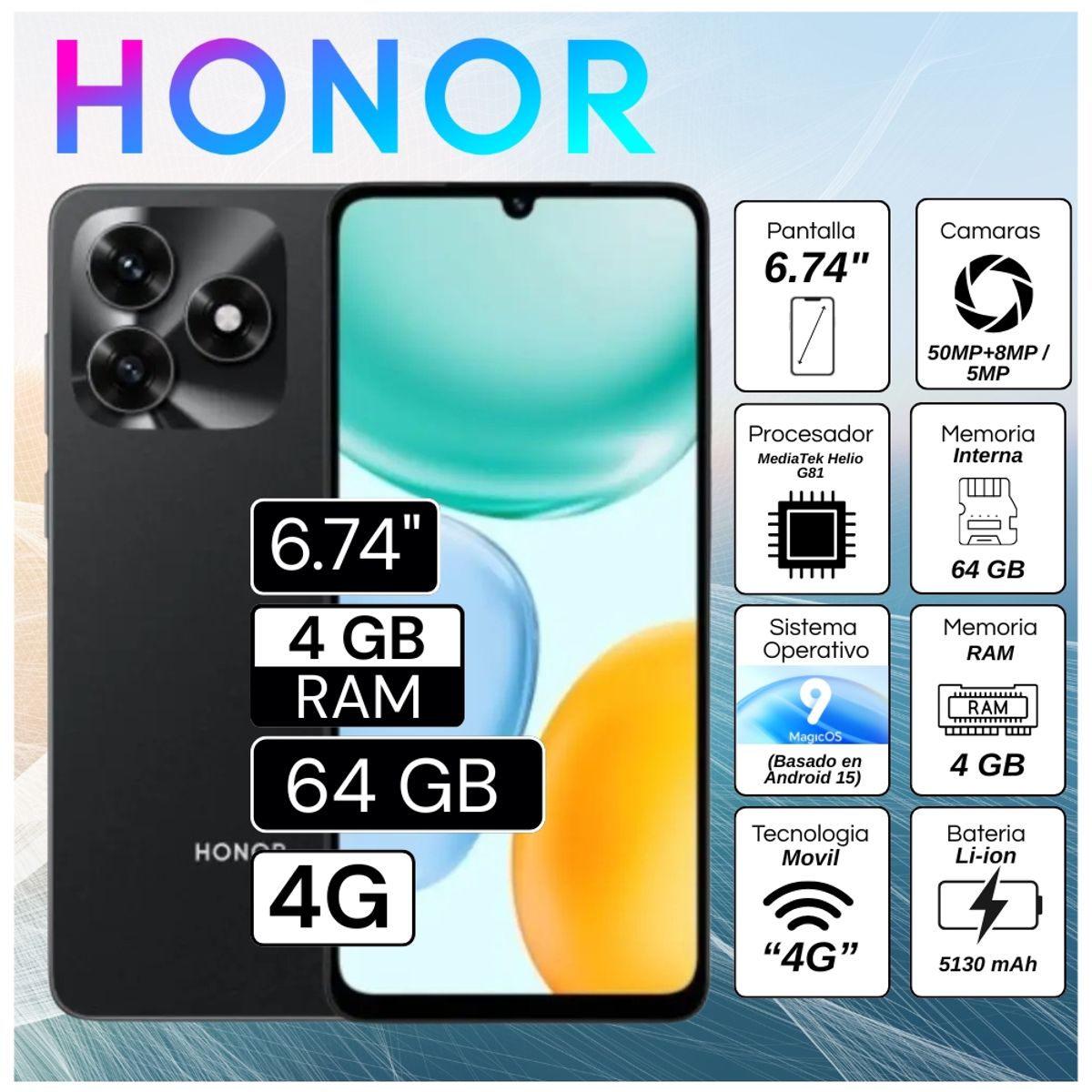HONOR - Celular Honor X5C 6.74"  Pulg.  4GB RAM 64GB MagicOS 9.0 - Negro Medianoche