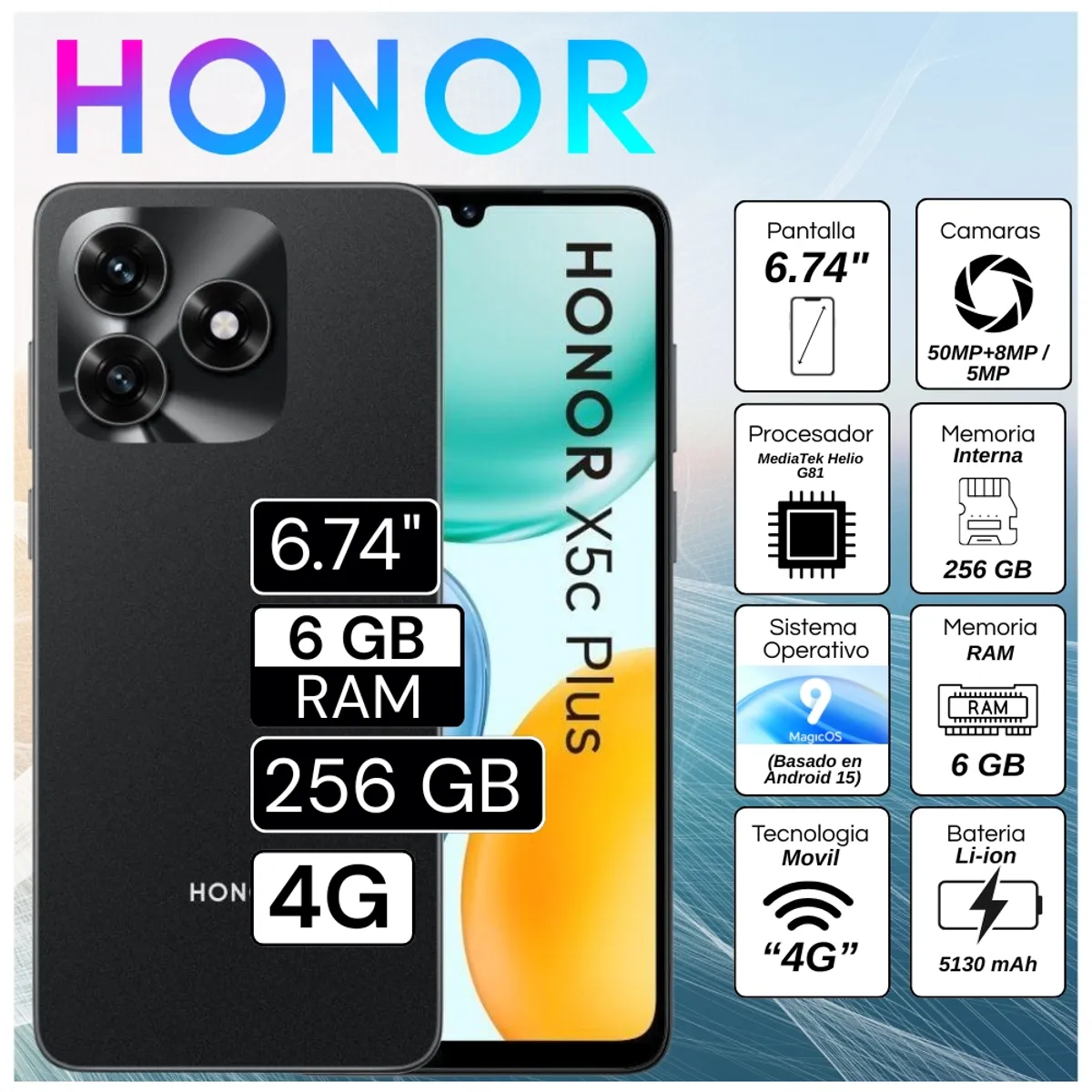 HONOR - Celular Honor X5C Plus 6.74"  Pulg. 6GB RAM 256GB MagicOS 9.0 - Negro Medianoche