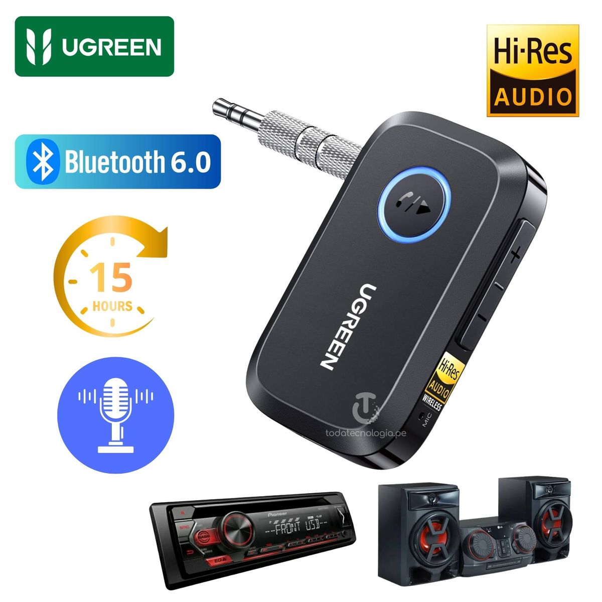 UGREEN - Receptor Bluetooth 60 Audio Auxilar UGREEN para AutoRadio Equipos Sonido  Parlantes