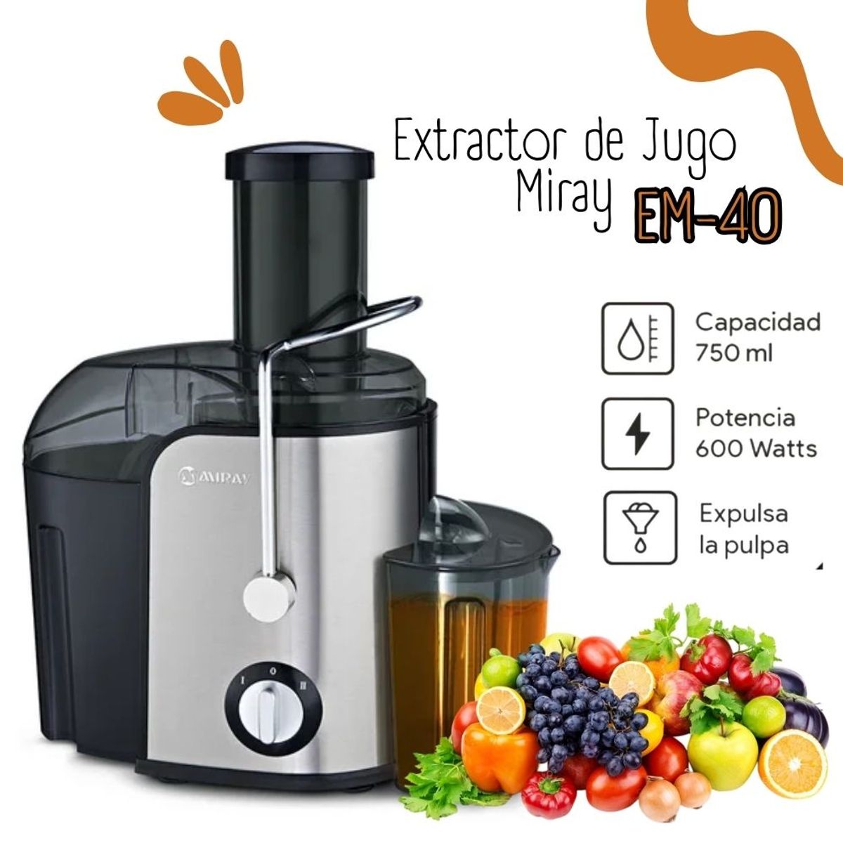 MIRAY - Extractor de Jugos Miray de 600Watts  EM-40