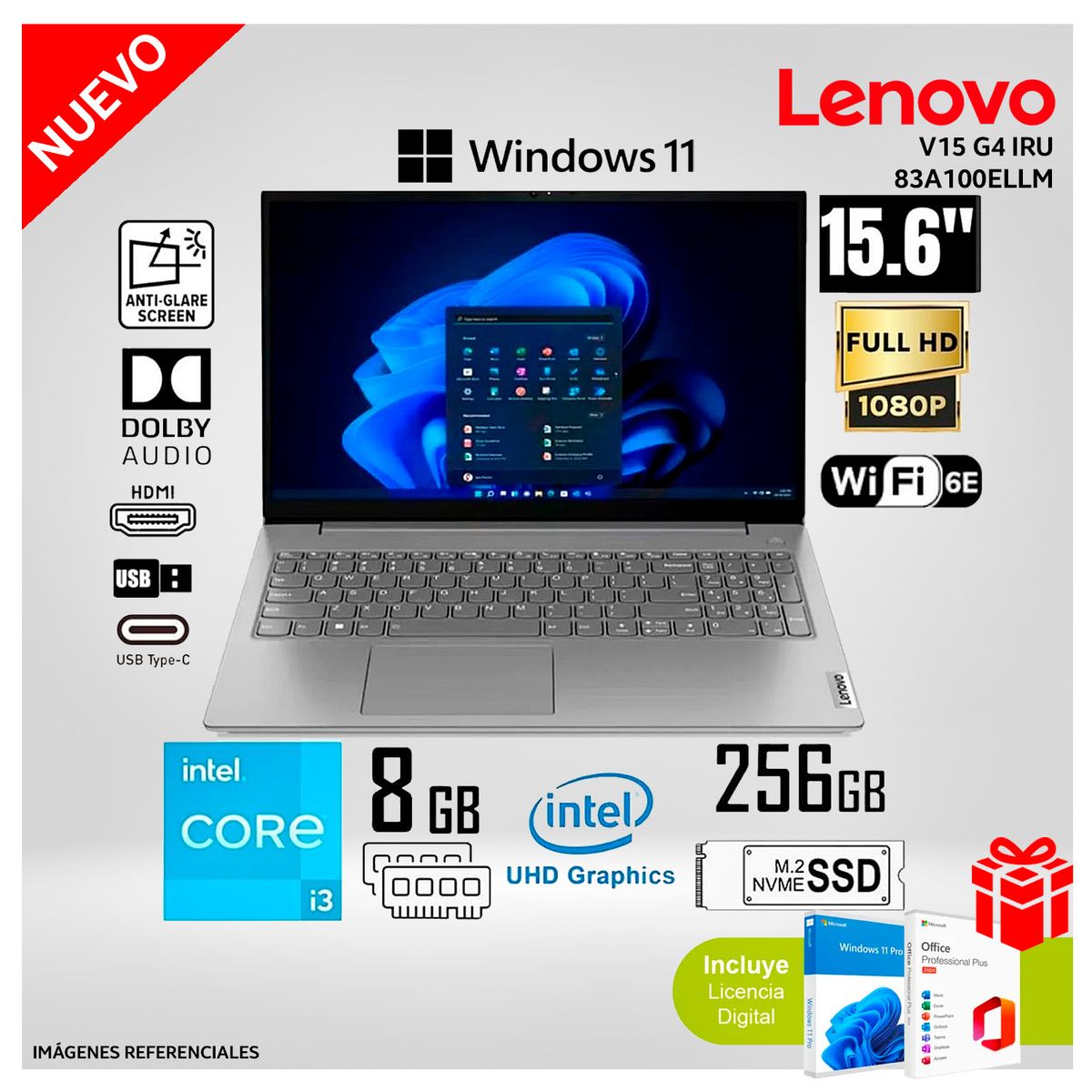 LENOVO - Laptop Lenovo V15 G4 IRU Intel Core i3-1315U 8GB RAM 256GB SSD 15,6 pulg FHD - 83A100ELLM+LICENCIAS