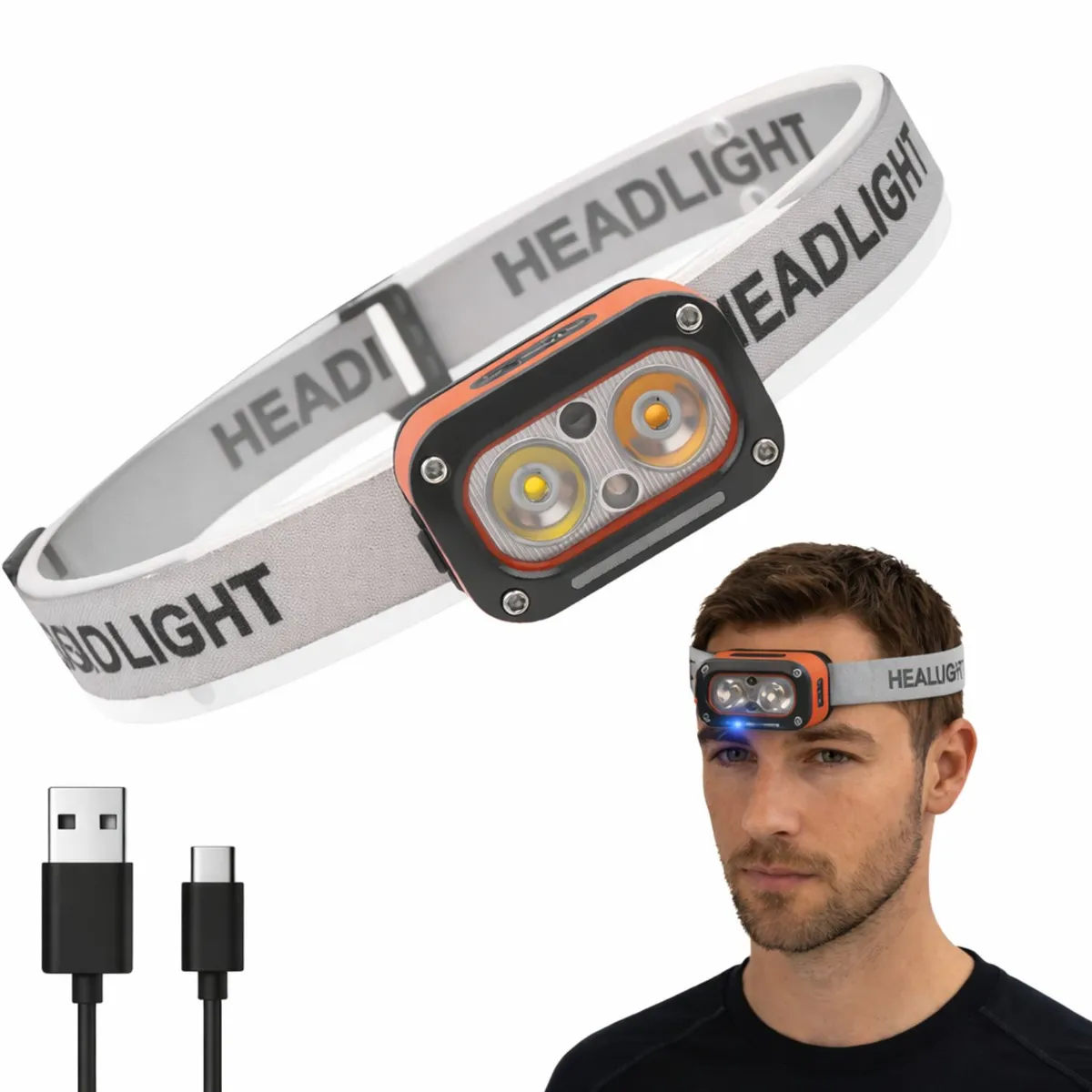 Linterna de Cabeza LED Manos Libres Ajustable 45° Impermeable Para Camping Trabajo, marca OEM - Foto Principal