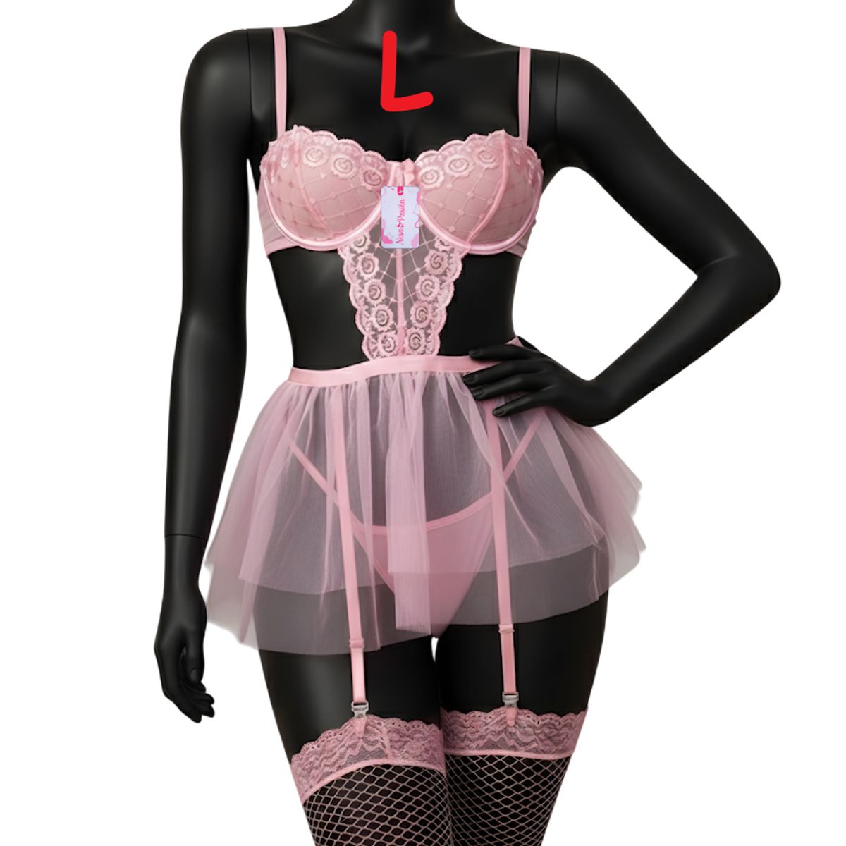 GENERICO - BABYDOLL LENCERIA SEXY DE ENCAJE ROSADO TALLA L