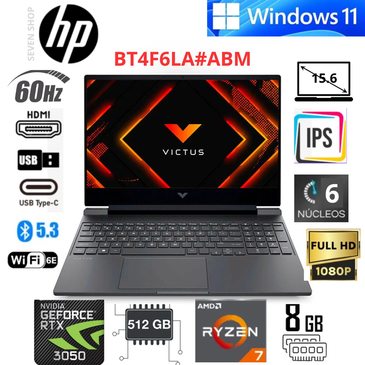 HP - Laptop Gamer HP Victus 15-FB3019LA 15.6" FHD Ryzen 7 7445HS 8GB RAM 512GB SSD RTX 3050 6GB
