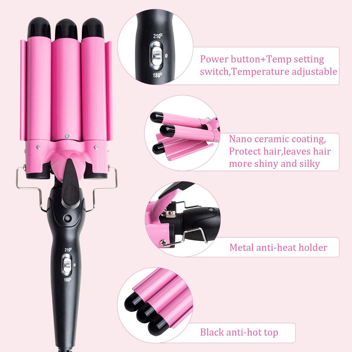 OEM - Rizador de Pelo Rizadora de 3 Tubos Tenaza Curler Multifunción para Rizar y Ondas un Efecto Ondulado