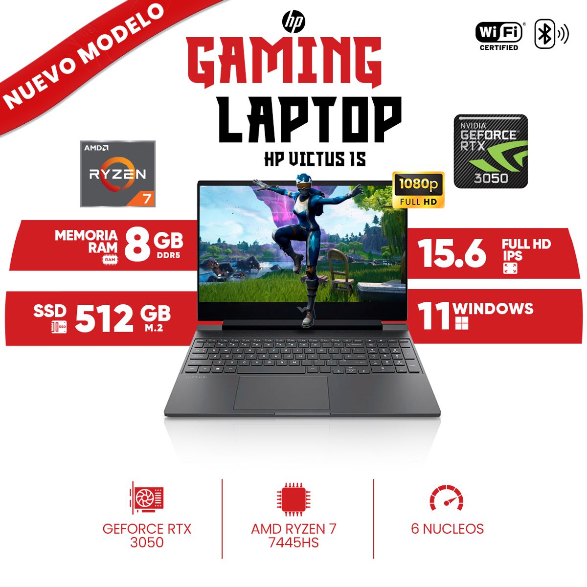 HP - Laptop Gaming HP Victus 15-FB3019LA, AMD Ryzen 7 7445HS, 8GB DDR5, 512 GB SSD M.2, 15.6 FULL HD IPS