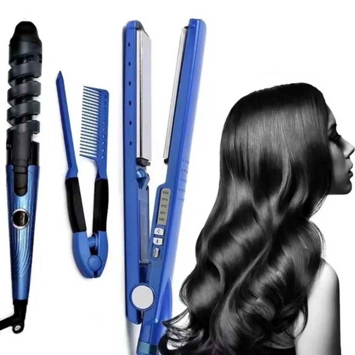 OEM - Kit Nano Plancha Alizador Laceador de Cabello + Tenaza Ondulador Rizador + Peineta