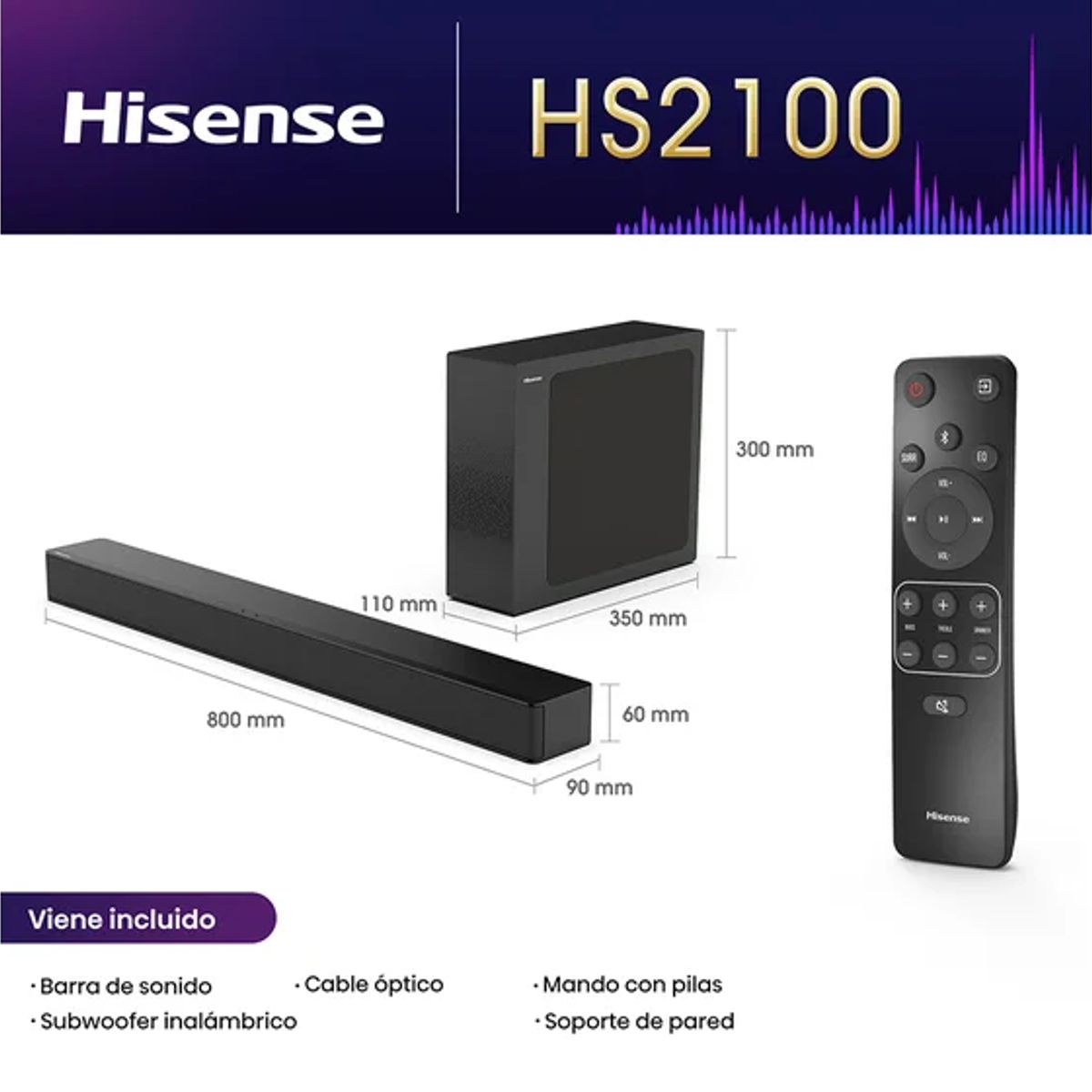 HISENSE - Hisense HS2100 21Ch 240W Barra de Sonido Surround Bass Boost Negro