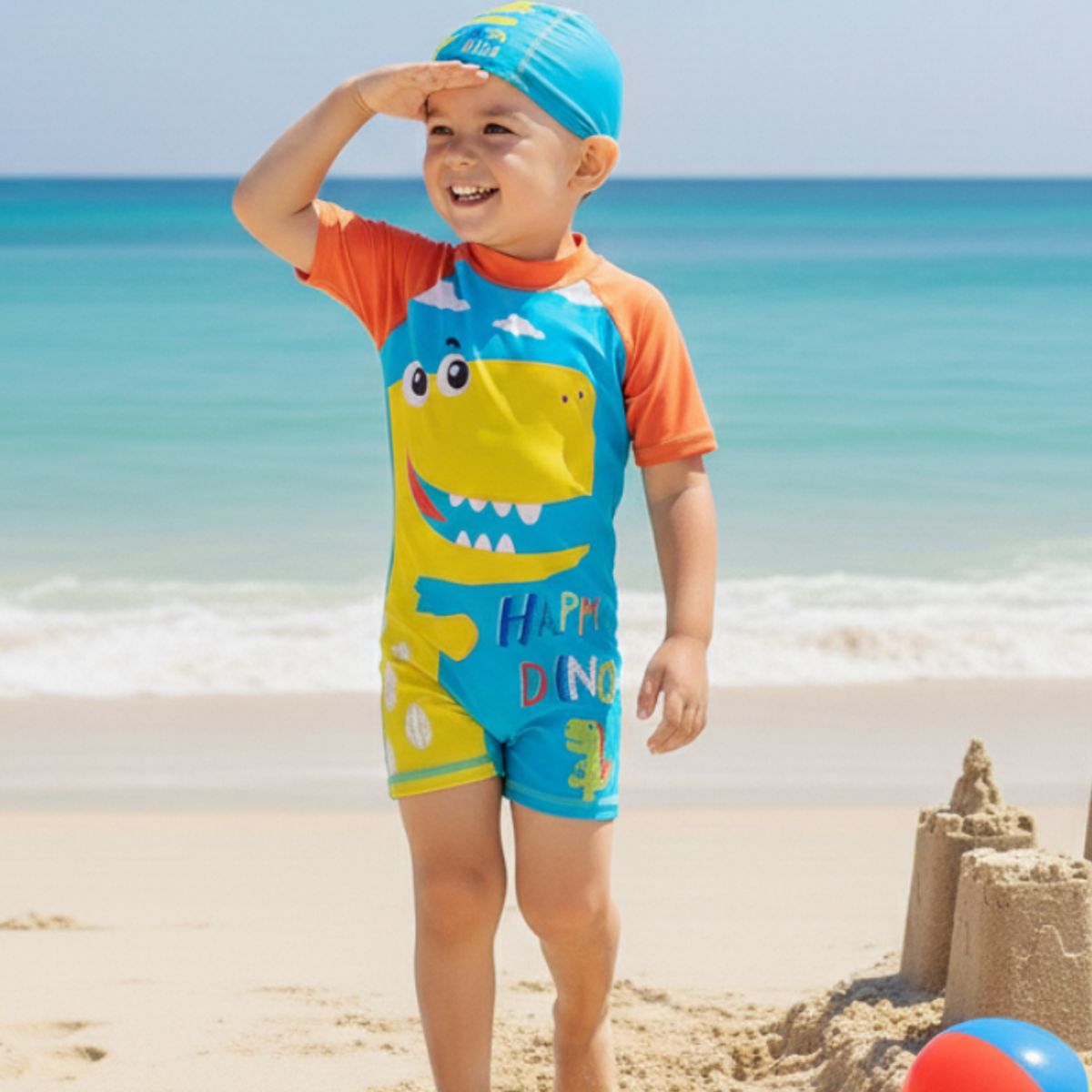 GENERICO - Ropa de Baño para Niño UV Dinosaurio Amarillo Sonriendo con Nubes Celeste