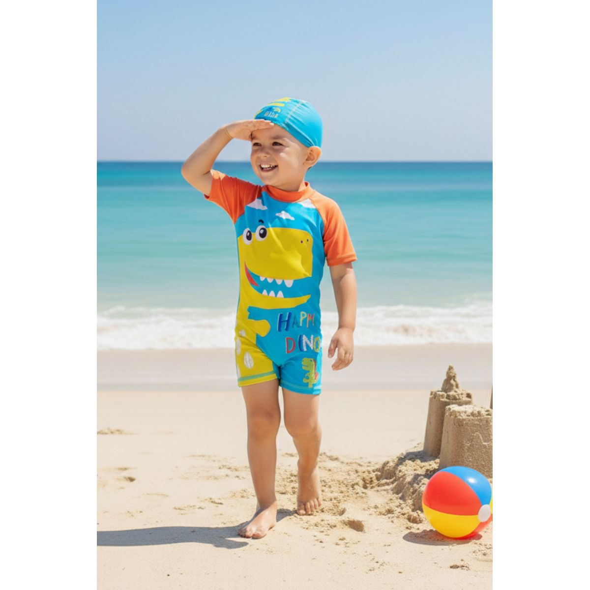 GENERICO - Ropa de Baño para Niño UV Dinosaurio Amarillo Sonriendo con Nubes Celeste