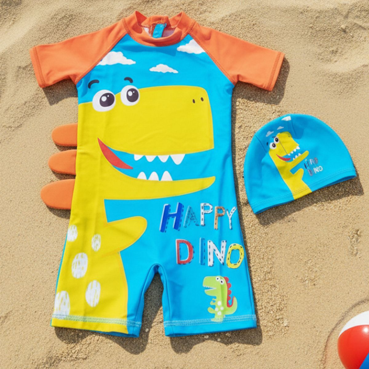 GENERICO - Ropa de Baño para Niño UV Dinosaurio Amarillo Sonriendo con Nubes Celeste
