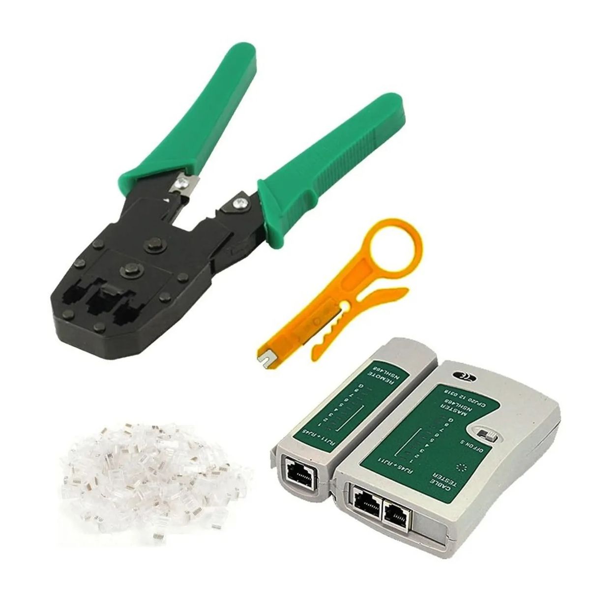 OEM - Probador de Cables Testeador + Crimpeador Ponchador + 12 RJ45 CAT5 CAT5e Conectores