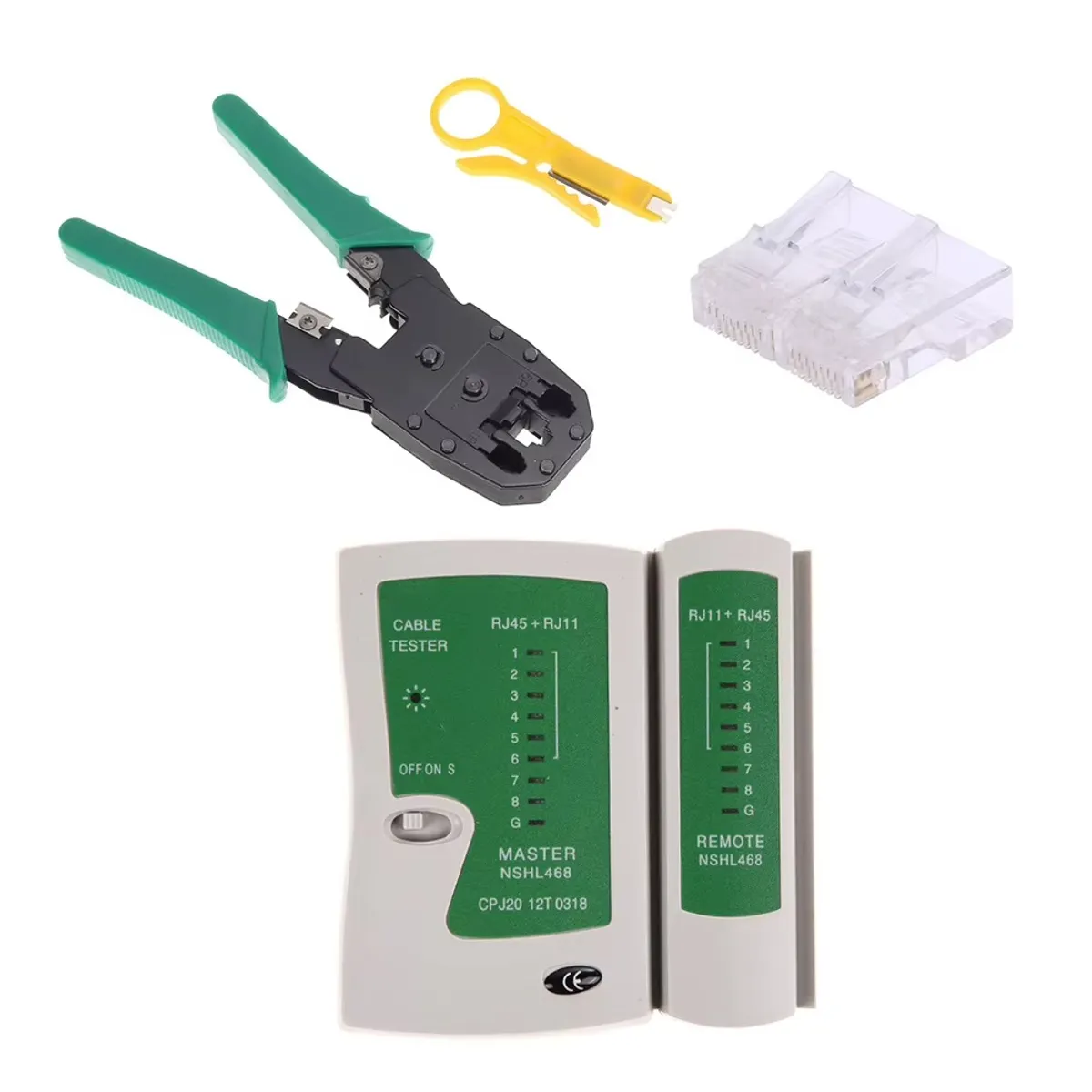 OEM - Probador de Cables Testeador + Crimpeador Ponchador + 12 RJ45 CAT5 CAT5e Conectores