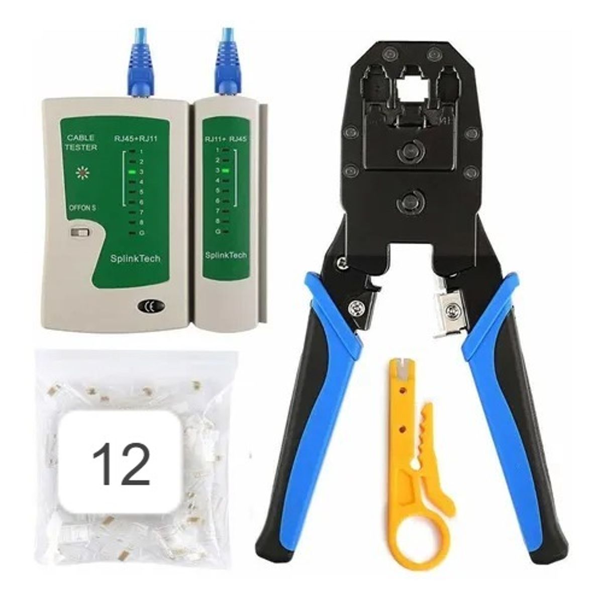 OEM - Kit Redes: Crimpeadora 3 en 1 + Testeador de Cables Lan + 12 Conectores RJ45 Cat5e - Profesional