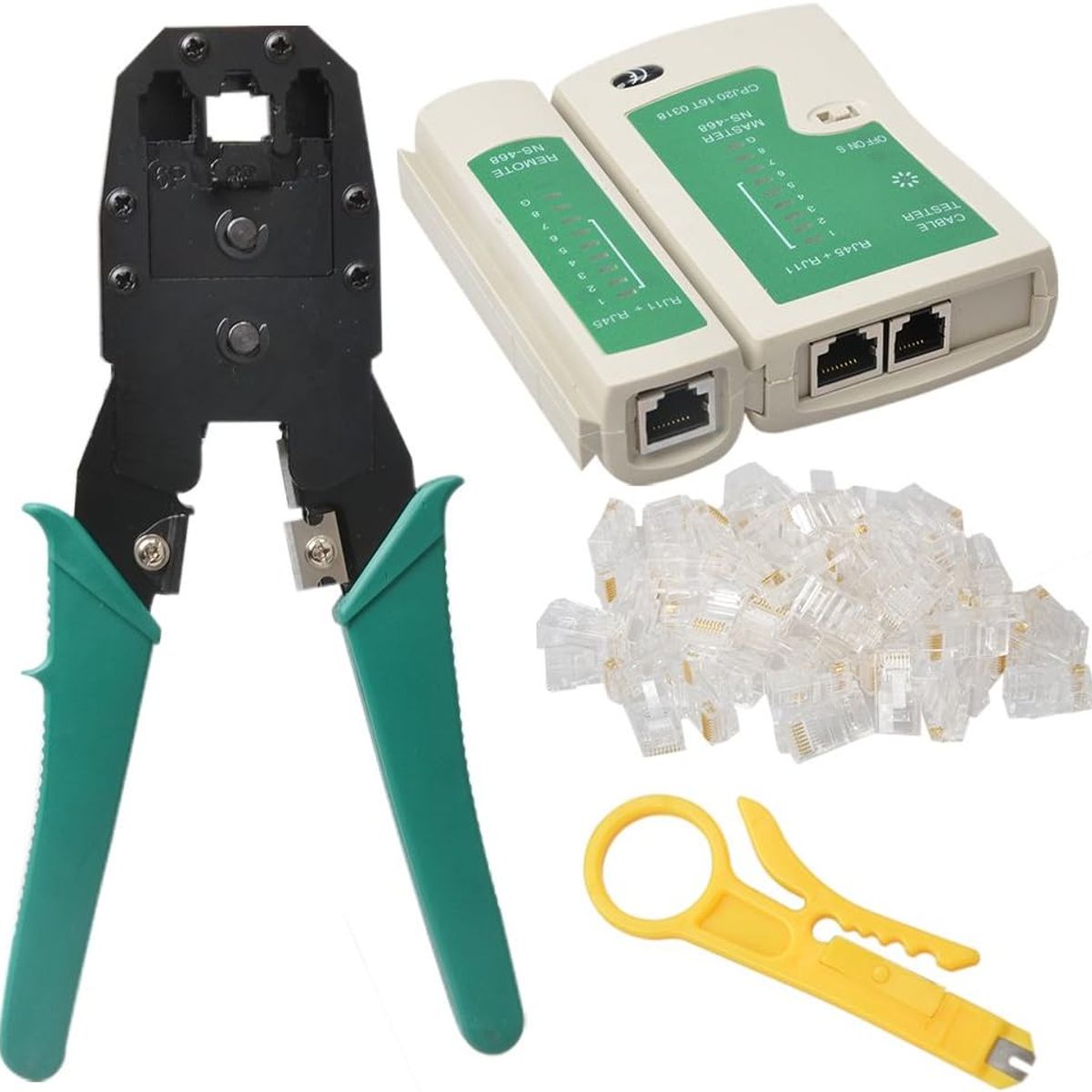 OEM - Kit Redes: Crimpeadora 3 en 1 + Testeador de Cables Lan + 12 Conectores RJ45 Cat5e - Profesional