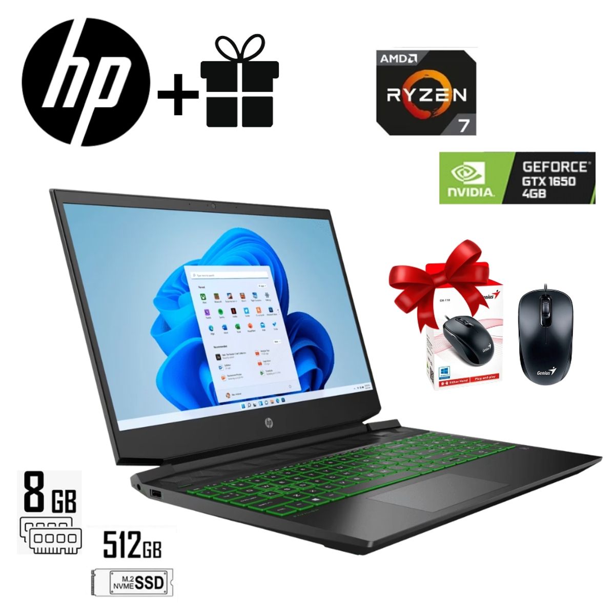 HP - LAPTOP HP PAVILION GAMING 15.6 FHD RYZEN 7 4800H 8GB RAM 512GB SSD GTX 1650 4GB+ REGALO