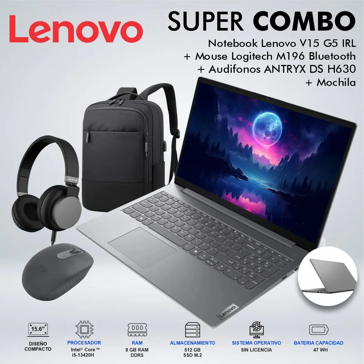 LENOVO - LAPTOP LENOVO V15 G5 IRL INTEL CORE i5-13420H  MEMORIA 8GB DDR5 DISCO 512GB SSD M2