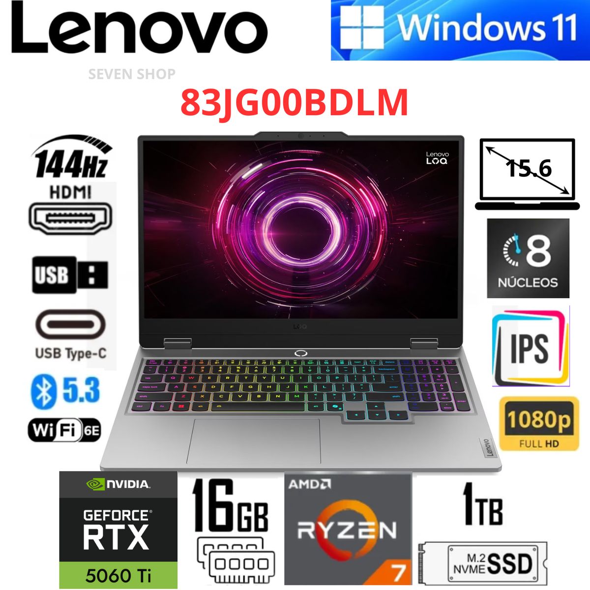 LENOVO - Laptop Gamer con IA Lenovo LOQ 15AHP10 15.6" FHD 144Hz Ryzen 7 250 16GB RAM 1TB SSD RTX 5060 8GB