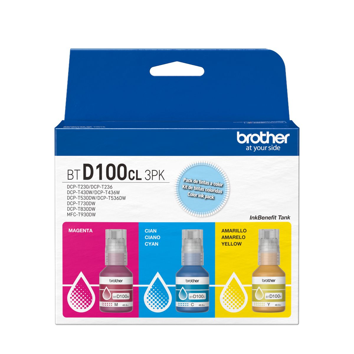 BROTHER - Brother BTD100CL3PK Pack 3 Botellas de Tinta Original Cian, Magenta y Amarillo
