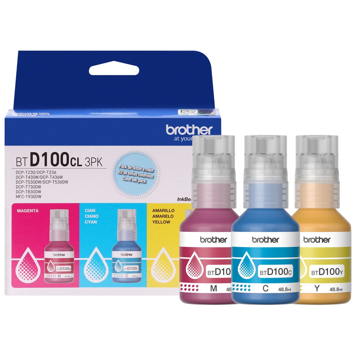 BROTHER - Brother BTD100CL3PK Pack 3 Botellas de Tinta Original Cian, Magenta y Amarillo