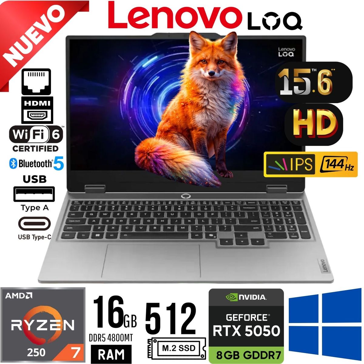 LENOVO - Laptop Lenovo LOQ 15AHP10 Ryzen 7 250 Ram 16Gb SSD 512Gb RTX 5050 8Gb 15.6" FHD