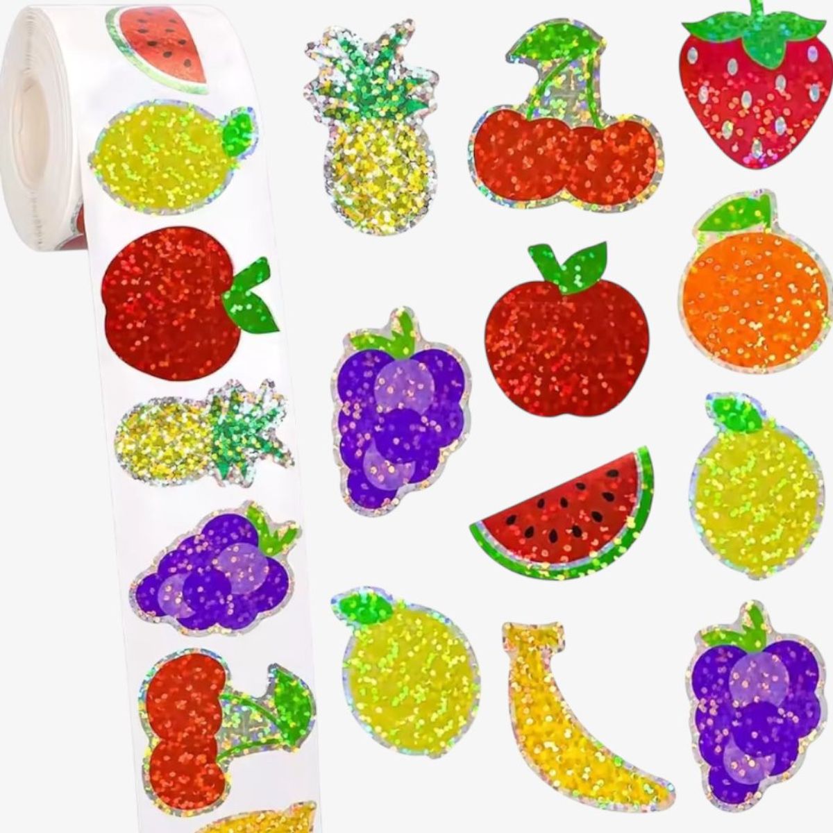 GENERICO - 100 stickers en rollo frutas con brillo